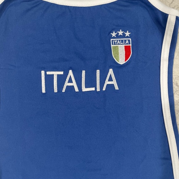 ITALIA Italy Blue & White Embroidered Cropped Baby Tee Slim Petite Tank Tops - Picture 3 of 3